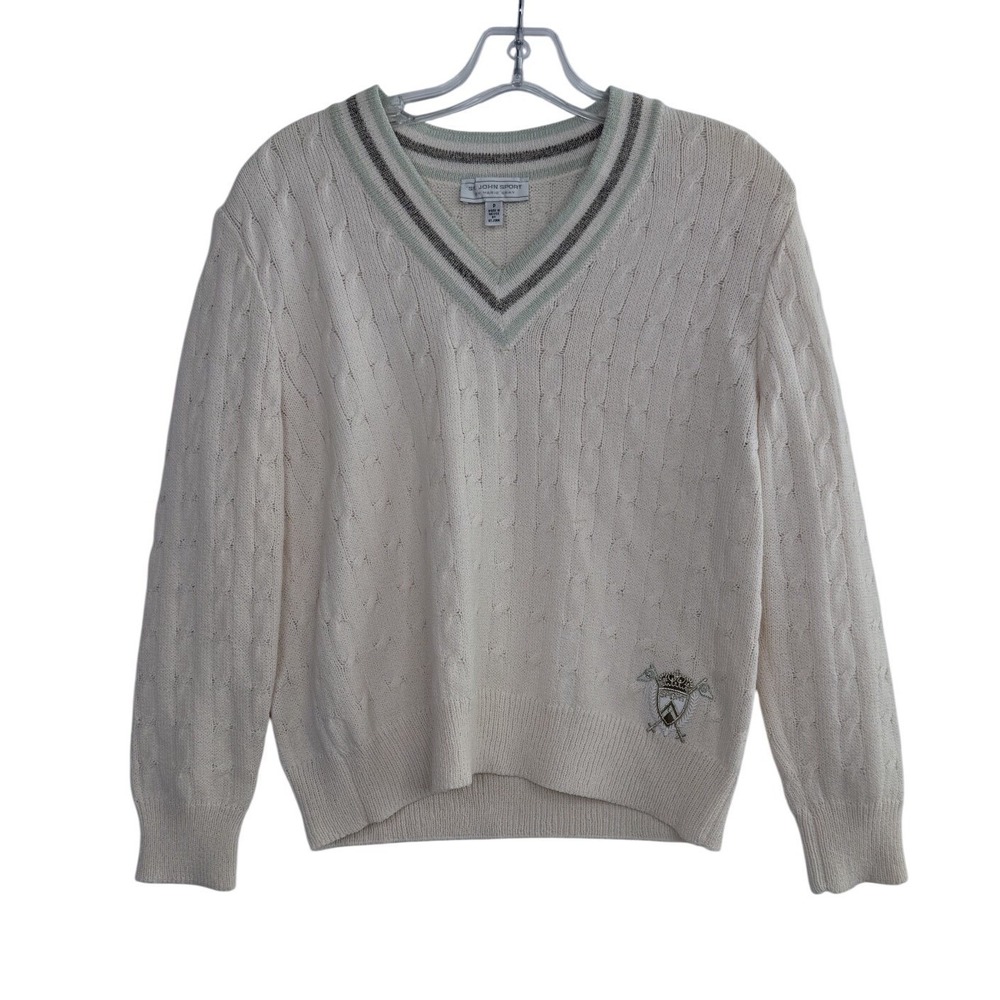 St John Sport by‎ Marie Gray Cable Knit Tennis Sweater V Neck Women's Size P